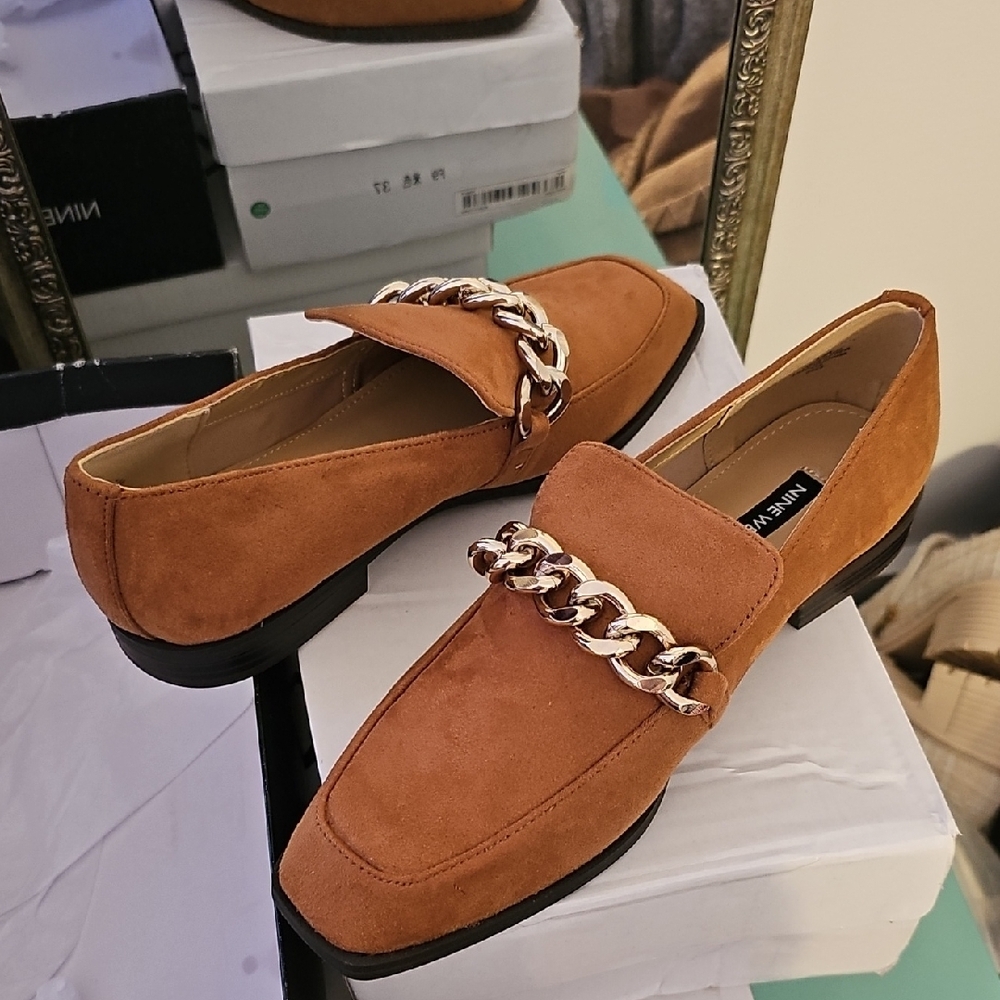 Nine West Tan Loafers with Silver Chain Detail